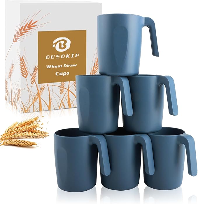 Wheat Straw Coffee Mugs 16 oz, Drinking Cups Set of 6, Plastic Mugs With Handle Unbreakable Coffee Cups, Microwave and Dishwasher Safe Tea Cups for Kitchen, Camping, RV - Blue