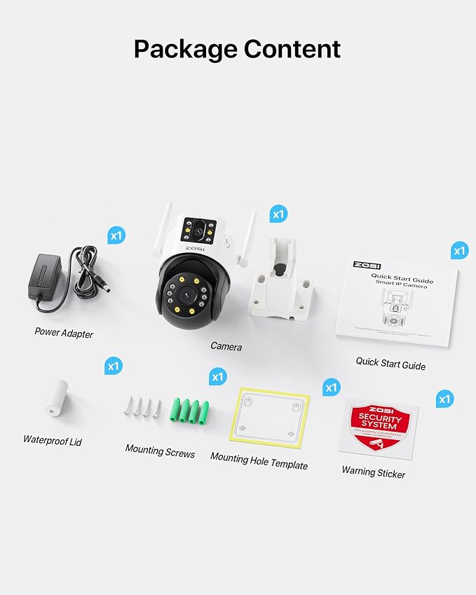 ZOSI C298 4MP Dual-Lens(2MP+2MP) Wired WiFi PT Plug-in Security Camera Outdoor, 360 View Pan/Tilt Camera, Human/Vehicle Detect, Color Night Vision, Spotlight Siren,Two-Way Talk, Memory Card Storage