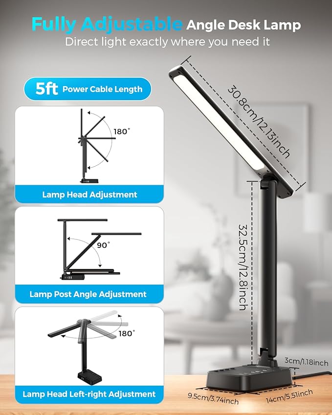 LED Desk Lamp with Power Strip, 3 AC Outlets, 4 USB Ports, Stepless Dimming | 2800K-6500K Color, 2 USB-C, Foldable Design, Timer & Memory, Study, Home Office & College Dorm