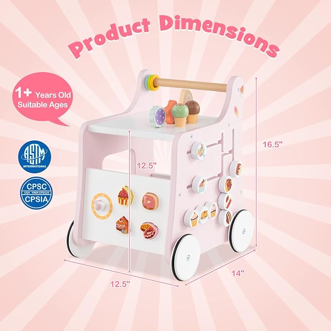 HONEY JOY Baby Push Walker, 8-in-1 Wooden Kids Ice Cream Cart & Activity Walker, Develop Motor Skills & Creativity, Dessert Shop Push Toys for Babies Learning to Walk, Gift for Boys and Girls (Pink)