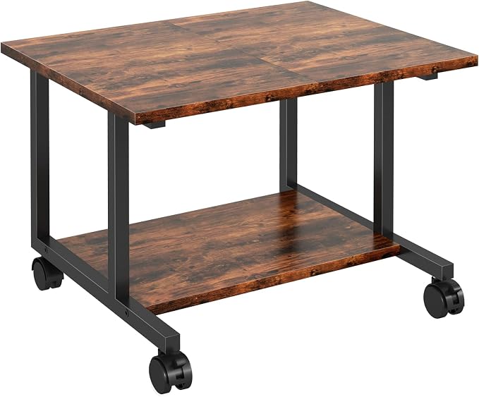 Livofloral Under Desk Printer Stand with Storage Shelf, 2-Tier Industrial Mobile Printer Table for Home and Office, Printer Stand with Wheels,Rustic Brown