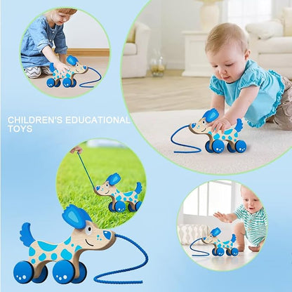 Wooden Pull Dog Toy Wooden Walk Pull Along Toy with String Toy Montessori Toddler Pull Toys for Walking Toddlers