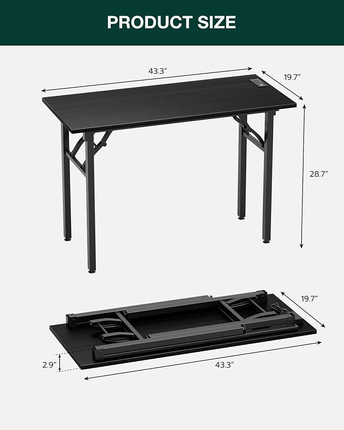 Frylr Small Folding Computer Desk – 43.3 Inch Portable Table for Craft and Study, Lightweight Desk for Small Spaces, Foldable Laptop Table Built-in AC/USB Outlets for Convenience, Dark Oak