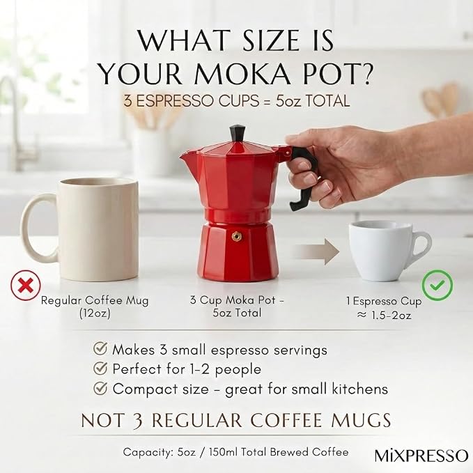 Mixpresso 3 Cup Moka Pot Stovetop Espresso Maker, Italian Cuban Coffee Pot | 5oz aluminum Italian coffee maker for gas and electric stovetops, small design for traditional espresso-style coffee at home