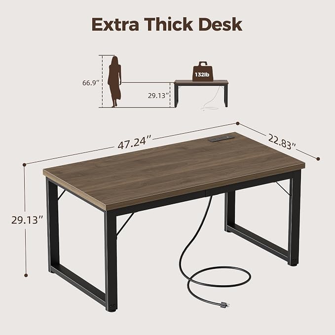Mericonia 48 Inch Computer Desk with Power Outlets, 1.2" Thick Office Table | Modern Simple Style, Heavy Duty Industrial Frame, Small Study & Writing Table for Home Bedroom Work, Walnut