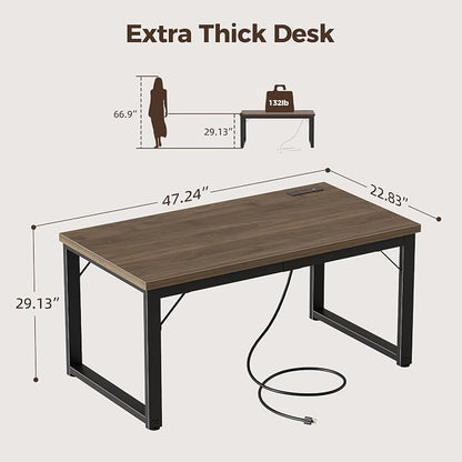 Mericonia 48 Inch Computer Desk with Power Outlets, 1.2" Thick Office Table | Modern Simple Style, Heavy Duty Industrial Frame, Small Study & Writing Table for Home Bedroom Work, Walnut