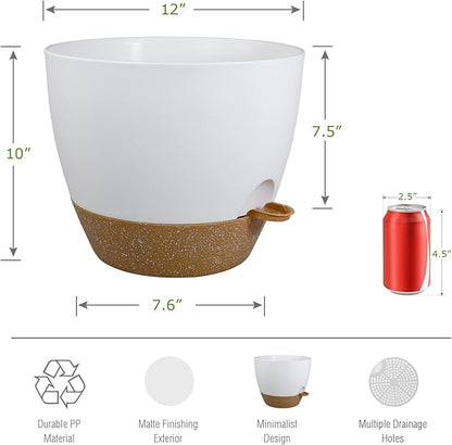 12 inch Large Self Watering Pots, Plastic Planters with 60oZ Removable Deep Reservoir and Multi Mesh Drainage Holes for Indoor Outdoor Garden Plants and Flowers, White with Brown