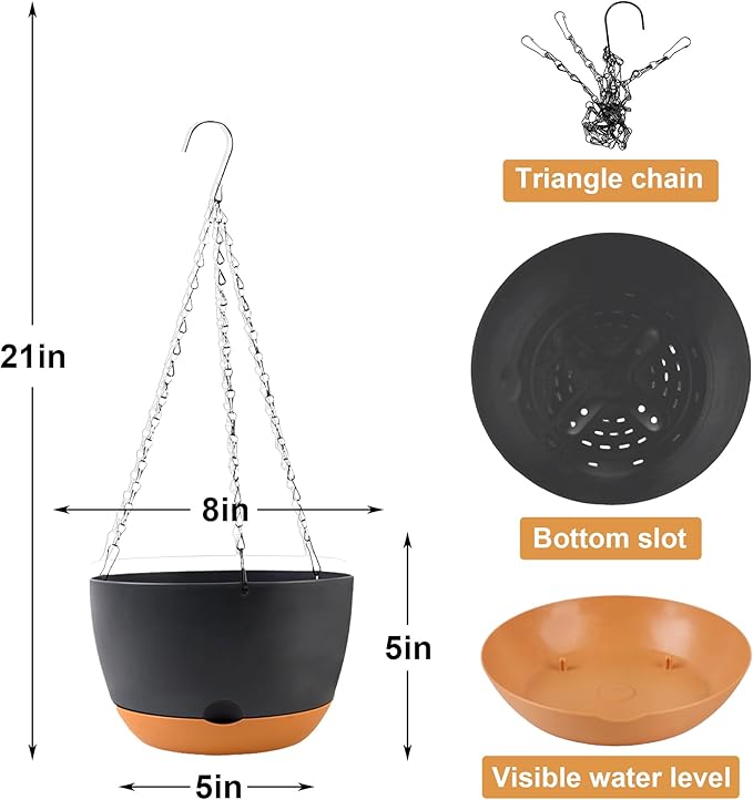 4 Pack Plastic Hanging pots for Plants Indoor,8 Inch Plant Pot Indoor Outdoor Hanging Baskets,Hanging Flower Pots with Drainage Holes and Chain for Garden Porch Plants(Black)