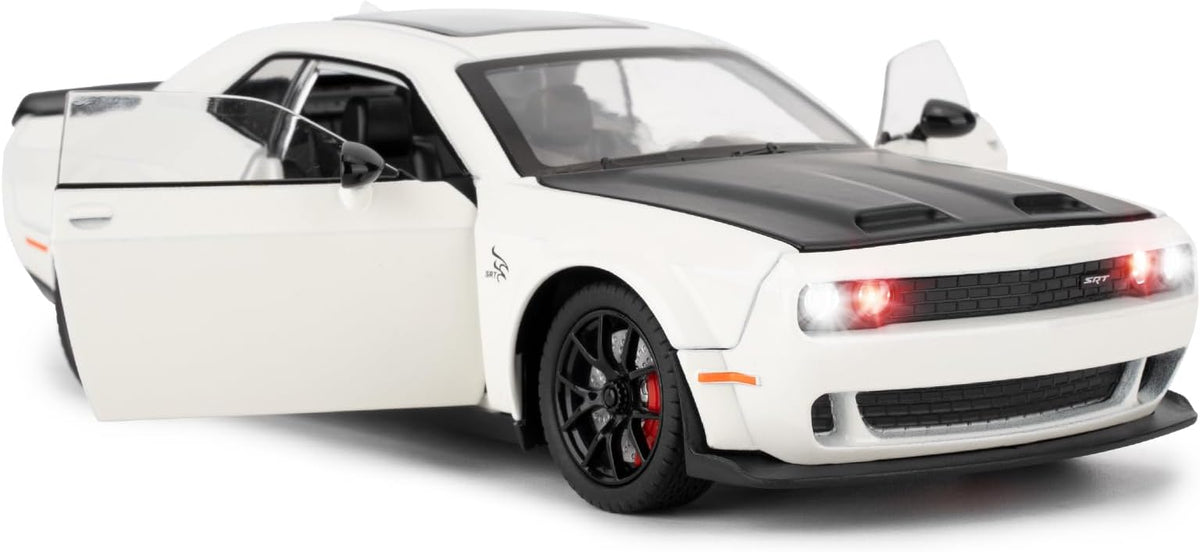 Compatible for 1/24 Dodge Challenger SRT Hellcat Car Model, Collectible Die-Cast Model Car with Lights and Sounds,Pull Back Car Toy for Adults Kids Birthday Gifts Decoration (White)