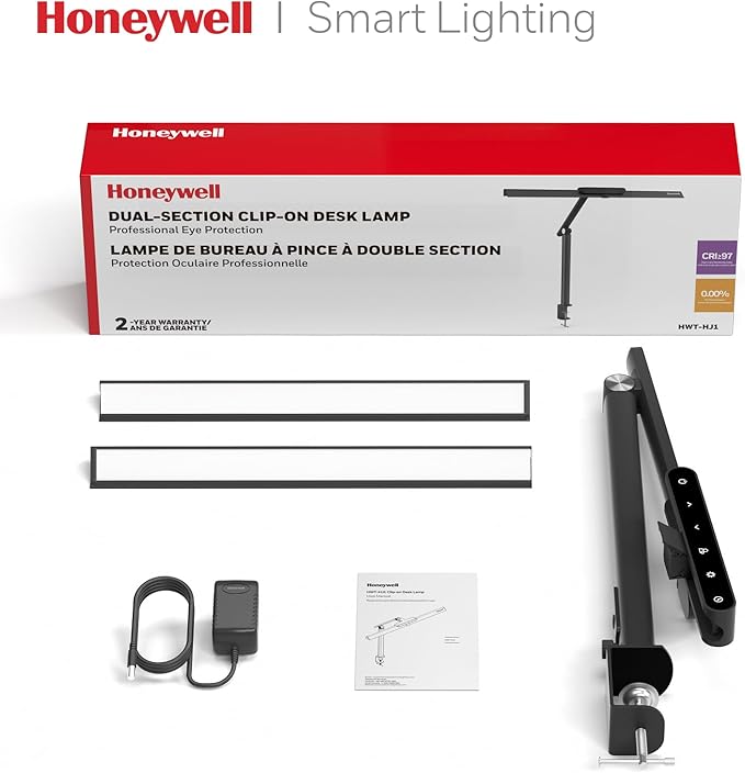 Honeywell HJ1 Sunturalux LED Clamp Desk Lamp 1200LM for Home Office | CRI≥97, 3000K-5700K, Low Blue Light, Flicker-Free, Dimmable Task Desk Light for Computer, Black
