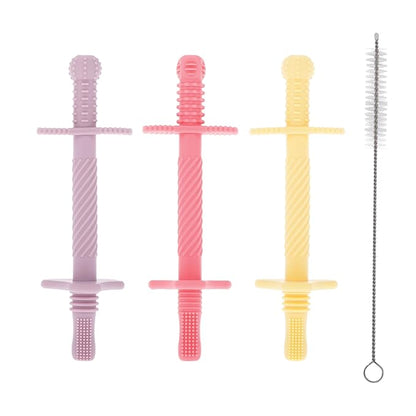 Nuby Sensory Silicone Tube Teethers - (3 Pack) Textured Infant and Baby Teether Toys - 3+ Months - Purple, Pink, and Yellow