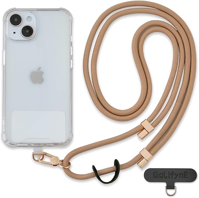 Universal Phone Lanyard, Anti-Theft Crossbody Strap for iPhone 17 Pro Max and Most Smartphones, Adjustable Cell Phone Neck Holder w/ 2 Non-Adhesive Tether Tabs for Men and Women, Apricot/Gold