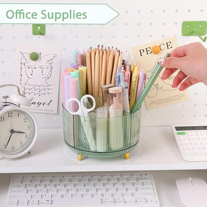 SKYDUE Rotating Pencil Pen Holder, Pen Organizer with 5 Slots - Aesthetic Desk Organizer and Accessories for School, Home, Office Supplies, Clear Green