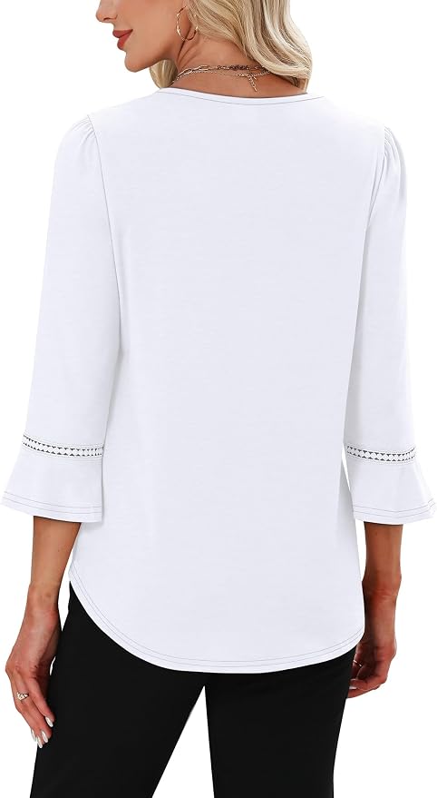 WIHOLL Womens Blouses Dressy Casual 3/4 Length Sleeve Tops Lace Trendy 2026 Spring Summer V Neck Shirts Vacation Outfits