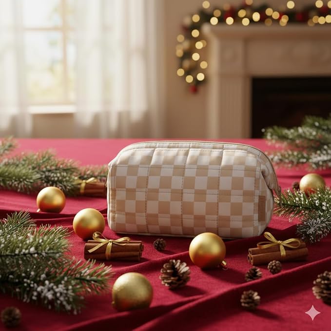 BAGSMART Makeup Bag Travel Toiletry Bag, Zipper Pouch, Checkered Khaki | Wide-open, Puffy Padded, Travel Essentials, Make Up Bag, For Women, Makeup Organizer, Toiletries Accessories Brushes
