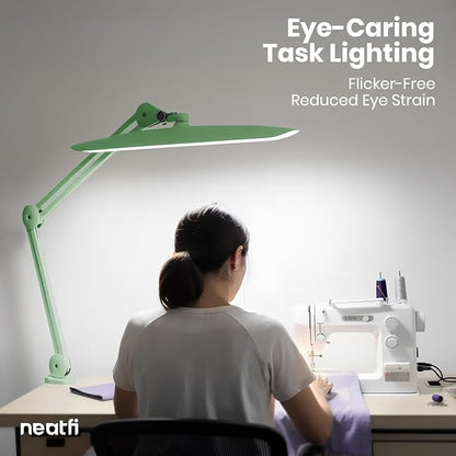 Neatfi XL 2200 Lumens 24W LED Desk Lamp – Shadow-Free Task Lighting | 4-Level Dimming | Home Office & Crafts Use | 20-Inch Wide Head (Midnight Green, Non-CCT with Clamp)