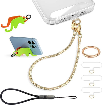 Phone Wrist Strap Metal Phone Chain Lanyard Hand Wristlet Detachable Phones Charm with 3 Tether Tabs with CellPhone Stand Holder Finger Grip Universal for Women Girls Traveling Party Walking Gold