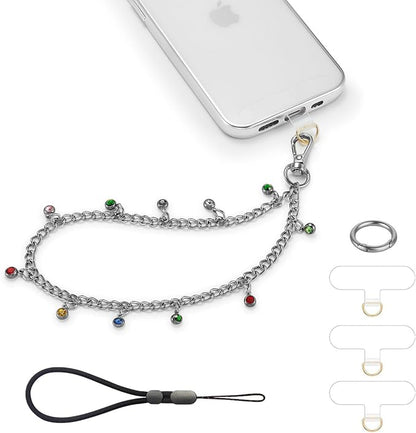 Phone Charm Wrist Strap Silver Metal Chain Detachable Lanyard Hand Wristlet Fashion Shine Finger Grip Anti-drop with 2 Tether Tab for Women Girls Universal for iPhone 16 Pro Max Colorful Gem