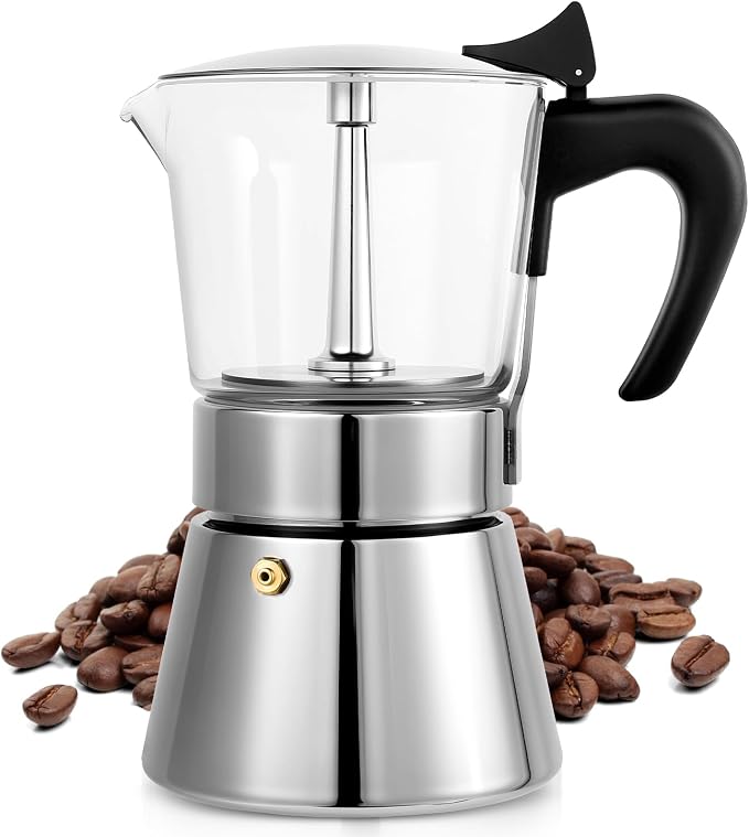 9 Cup 450ml Glass Moka Pot, Stovetop Espresso Maker, Silver | Crystal Glass-top & Stainless Steel Coffee Maker, Induction Compatible, for Greca de Cafe, Cuban and Italian Coffee Brewing