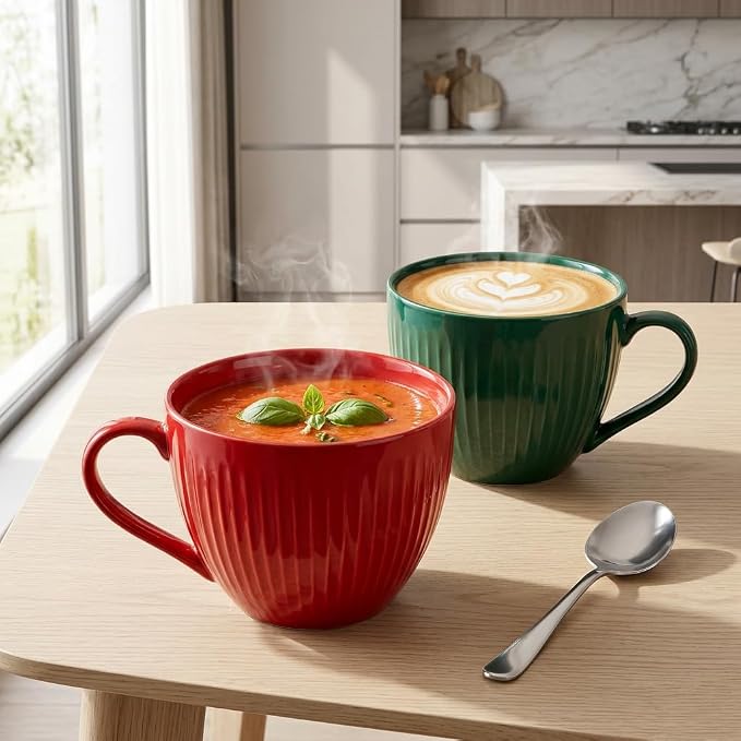 24 oz Large Ceramic Coffee Mug Set of 2, Red & Green Ribbed | Jumbo Mugs with Handle, Giant Soup Cups for Hot Chocolate, Latte, Oatmeal - Ideal Gift for Dad & Grandpa, Large Soup Bowl