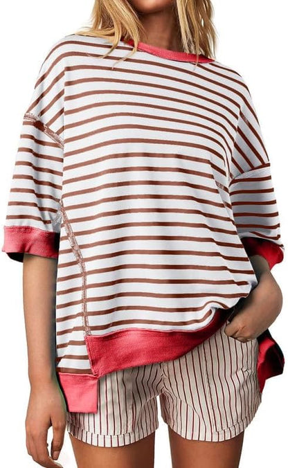 SHEWIN Womens Tops Casual Short Sleeve Sweatshirt Crewneck Striped Shirt Pullover T Shirts Loose Blouses