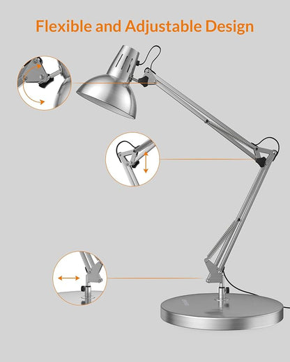 LEPOWER Metal Adjustable Desk Lamp with Clamp, Swing Arm for Home Office | Gooseneck, Architect Style, Eye-Caring Table Lamp, On/Off Switch, E26 Base, Reading for Dorm, Bedroom, Study, Back to School