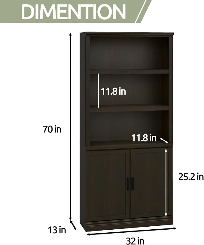 blini 5 Shelf Tall Bookcase with Doors Cherry Wood Bookshelf 31in Wide Display Standing Storage Shelf 72in Tall Wood Book Shelves for Bedroom Living Room Office Library