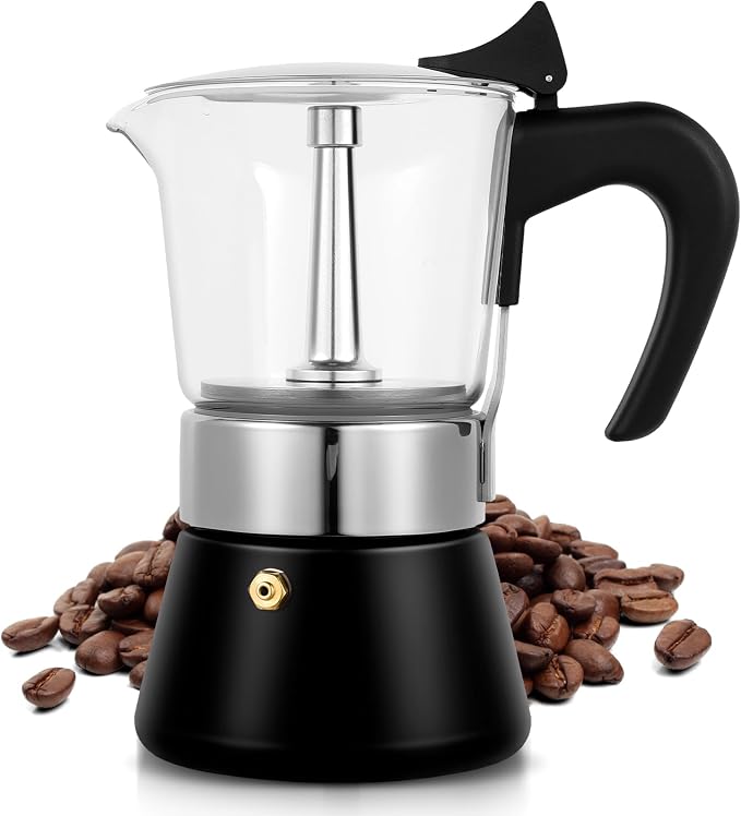 6 Cup 300ml Glass Moka Pot, Stovetop Espresso Maker, Black | Crystal Glass-top & Stainless Steel Coffee Maker, Induction Compatible, for Greca de Cafe, Cuban and Italian Coffee Brewing