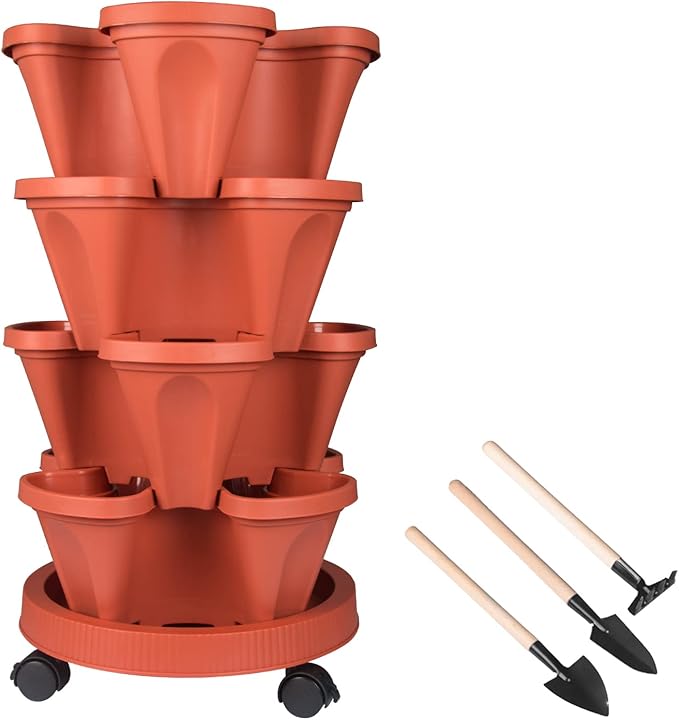 DUNCHATY Stackable Planters 4 Tier Vertical Garden Planting Tower Planters Strawberry, Herb, Flower, and Vegetable Planter Indoor Outdoor Gardening Pots with Removable Wheels and Tools