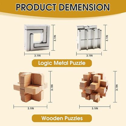 9PCS Brain Teaser Puzzles for Adults, Mind Puzzle Ancient Wooden and Metal Puzzles 3D Unlock Interlock IQ Puzzle Box Game for Adults