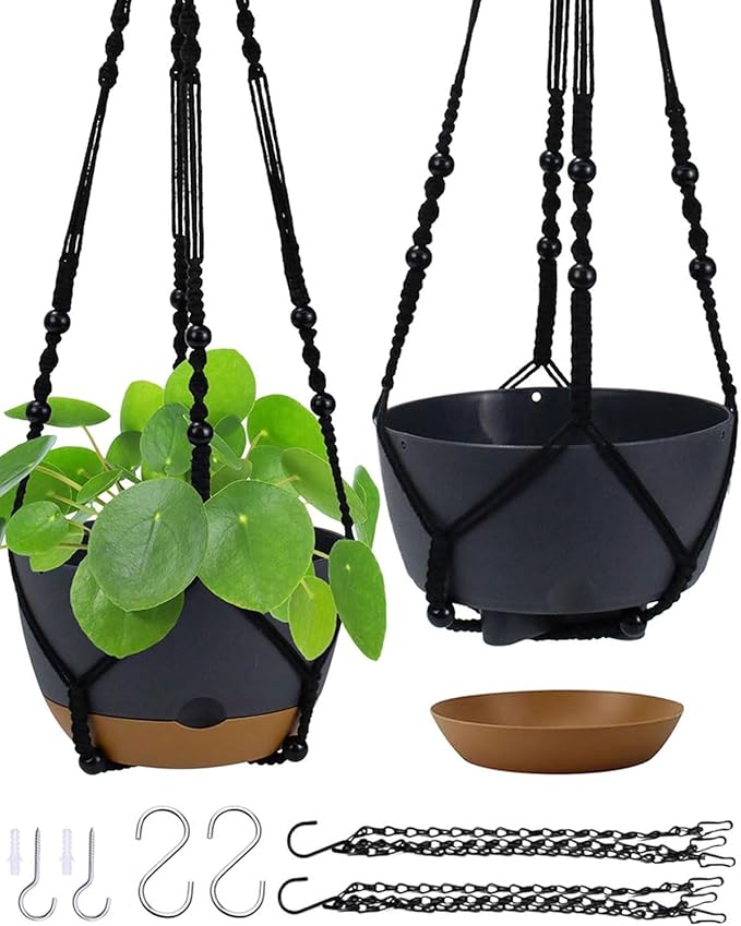 2 Pack Hanging Planters Set,10 Inch Indoor Outdoor Hanging Plant Pot Basket,Hanging Flower Pot with Drainage Hole with 3 Hooks for Garden Home… (Black Hanger Black Planters)