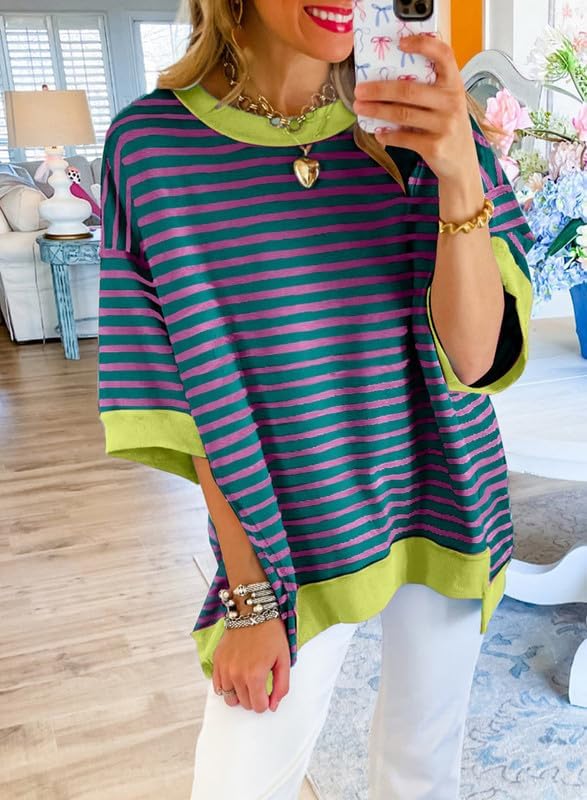 SHEWIN Womens Tops Casual Short Sleeve Sweatshirt Crewneck Striped Shirt Pullover T Shirts Loose Blouses