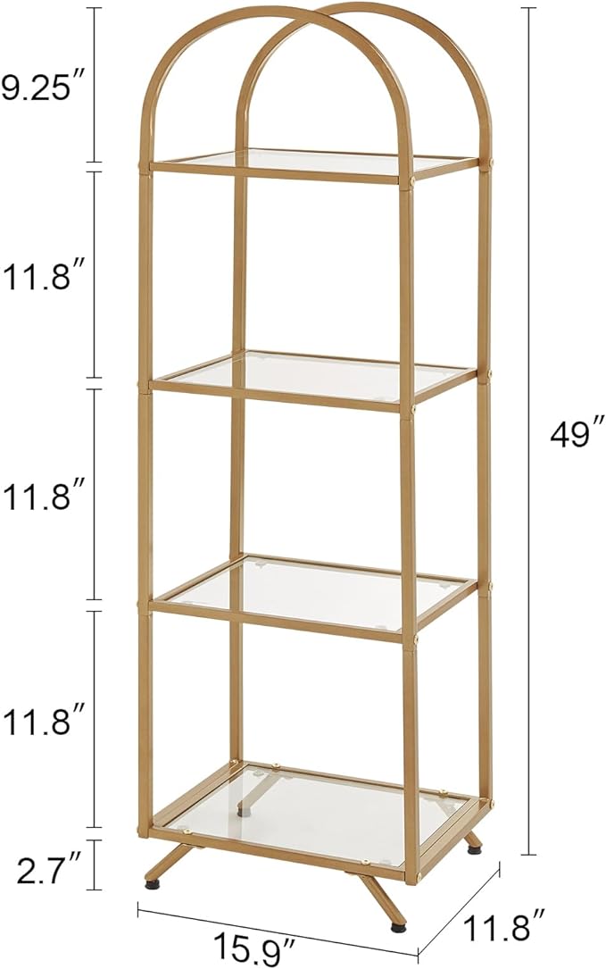HOMBAZAAR Bookshelf,4-Tier Modern Bookcase,Book Shelf with Tempered Glass,Tall Bookshelf for Home Office, Bedroom and Living Room,Gold.