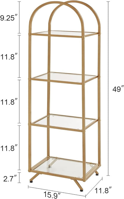HOMBAZAAR Bookshelf,4-Tier Modern Bookcase,Book Shelf with Tempered Glass,Tall Bookshelf for Home Office, Bedroom and Living Room,Gold.