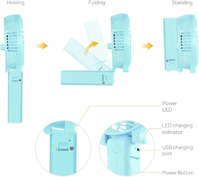 EasyAcc Mini Handheld Fan, USB Desk Fan Small Personal Portable Stroller Table Fan with Rechargeable Battery Operated Cooling Folding Electric Fan 3-10H Working Hours for Travel Office Outdoor