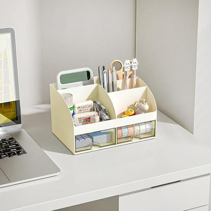 COMFYROOM Desk Organizer with 6 Compartments and 2 Drawers, Plastic Makeup Organizer, Pen Holder for Desktop Storage, Desk Organization for School, Home, Office Supplies (Ivory)