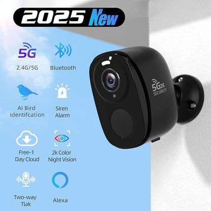 Rraycom 5G/2.4G WiFi Security Cameras Wireless Outdoor, 2K Battery Powered AI Motion Detection Siren Alarm Home Indoor Camera,Color Night Vision, 2-Way Talk, IP65 Waterproof, Works/Alexa, Cloud/SD