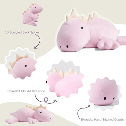 KOWSI® Microwavable Heating Pad Purple Stegosaurus Plush - 1.4 Lb Weighted Stuffed Animal Toy with Tourmaline Beads & Lavender - 16" Squished Long Dinosaur Pillow - Lumbar Back Cushion Lasting Warmth