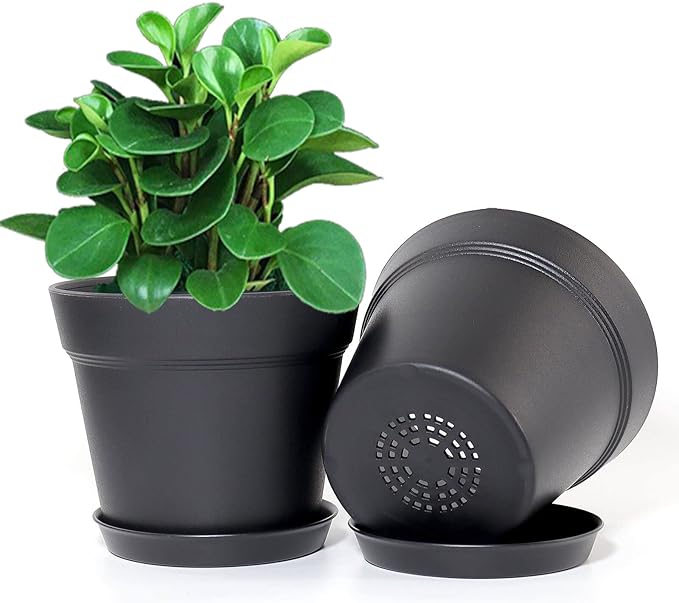 WOUSIWER 16 Pack 6 inch Plastic Planters for Indoor Flower Pots, Heavy Duty and Stylish 6 Inch Plant Pots for Indoor Plants with Drainage Holes and Tray for Plants, Flowers, Black
