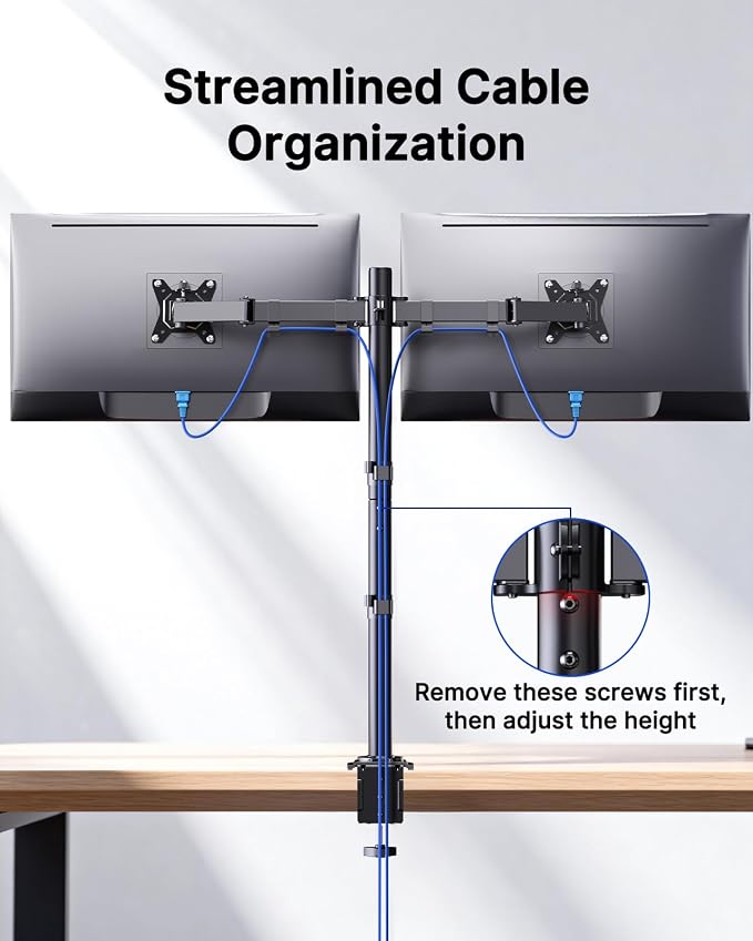 HUANUO Dual Monitor Stand for 13-32 Inch Screens, Tall Pole Desk Mount,Larger Base, Ideal for Sit-Stand Workstations, 22 lbs per Arm, VESA 75x75/100x100mm, Tilt Swivel Rotation, Cable Management