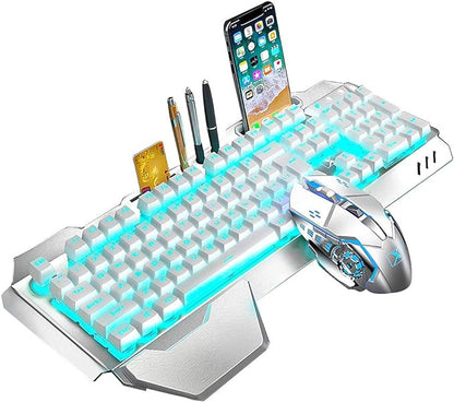 Wireless Keyboard and Mouse, Blue LED Backlit Rechargeable Keyboard with 3800mAh Battery, Metal Panel, Removable Hand Rest Mechanical Feel, 7 Color Gaming Mute Mouse for PC Gamers