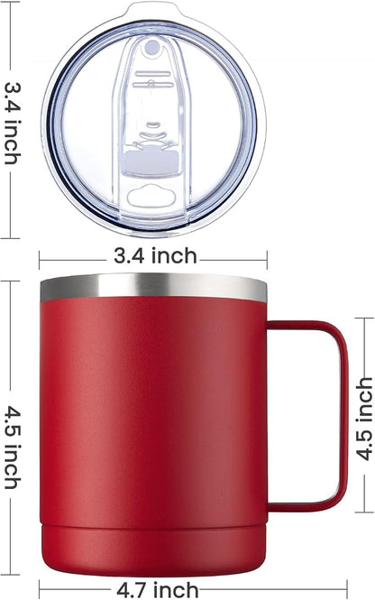 MEWAY 12oz Coffee Mug With Handle 4 Pack Bulk,Stainless Steel Insulated Travel Tumblers With Sliding Lid,Double Wall Vacuum Camping Cup for Hot & Cold Drinks Tea (Red,Set of 4)
