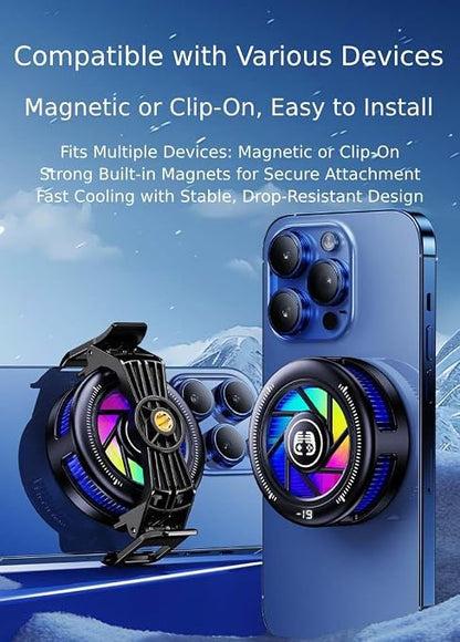 Phone Cooler for Gaming, Low Noise USB Cell Phone Cooler with Smart Temp Control, Phone Cooling Fan with RGB LED Lights, Magnetic Ring & Clip Fan for Phone Gaming & Streaming