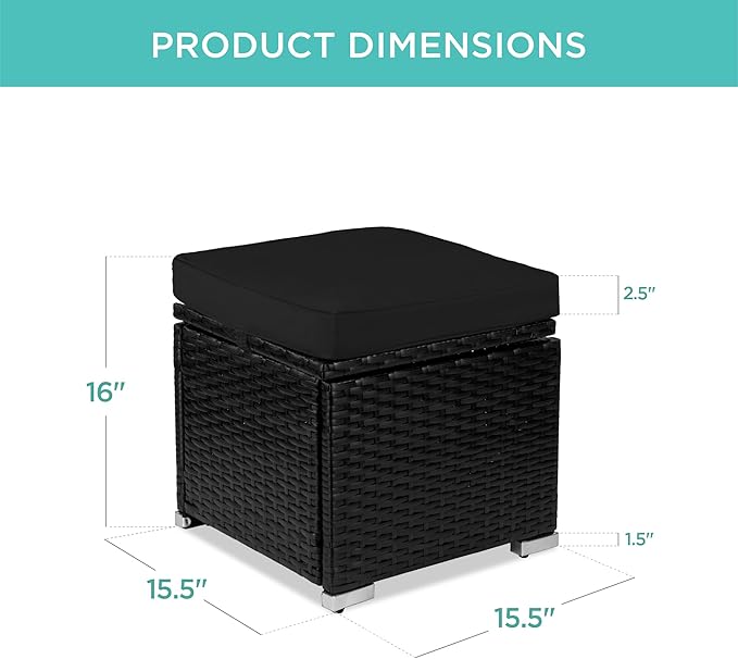 Best Choice Products Set of 2 Wicker Ottomans, Multipurpose Outdoor Furniture for Patio, Backyard, Additional Seating, Footrest, Side Table w/Storage, Removable Cushions - Black/Black