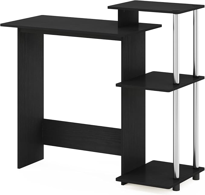 Furinno EFFICIENT Desk, 28.6" Wide Gaming Desk with 3 Open Side Shelves, Laptop Notebook Computer Desk, Office Desk for Home Office, Study Room, Dorm, Bedroom, Americano/Stainless Steel