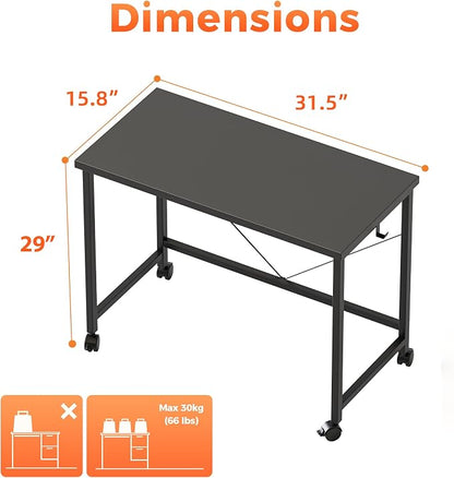 Mericonia 32x16 Inch Computer Desk with Wheels, Small Simple Rolling Desk | Writing Table for Home Office Bedroom Work Study, Black