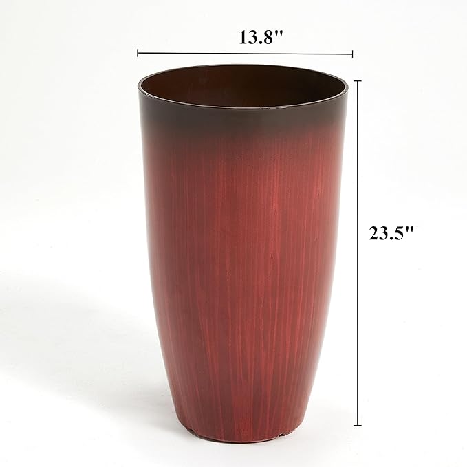 Worth Garden 23.5" H. Large Plastic Planters - Set of 2 Gradient Red Glossy Smooth Finish - Tall Plant Pots for Indoor & Outdoor Use - Decorative Lightweight Flower Pots for Front Porch, Patio, Deck