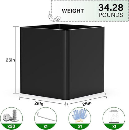 Large Metal Square Planter 26" L x 26" W x 26" H, Heavy Duty Black Large Outdoor Planters with Drainage Hole for Porch/Patio/Garden