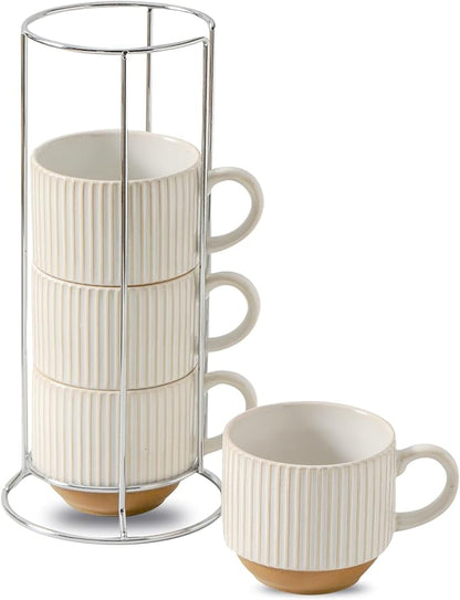Ceramic Coffee Mugs with Stand,15 Oz Stackable Coffee Cups Set of 4 for Latte,Milk,Tea,Gift for Thanksgiving New Year Housewarming,Dishwasher & Microwave Safe,White Patchwork Color