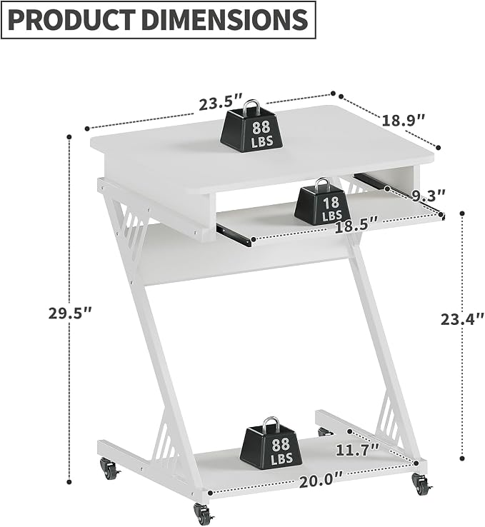 ALISENED Computer Desk for Small Spaces Compact Desk with Keyboard Tray | 23.6" Z-Shaped, with Wheels and Bottom Shelves, for Home Office, Computer Cart Mobile Laptop Cart, White